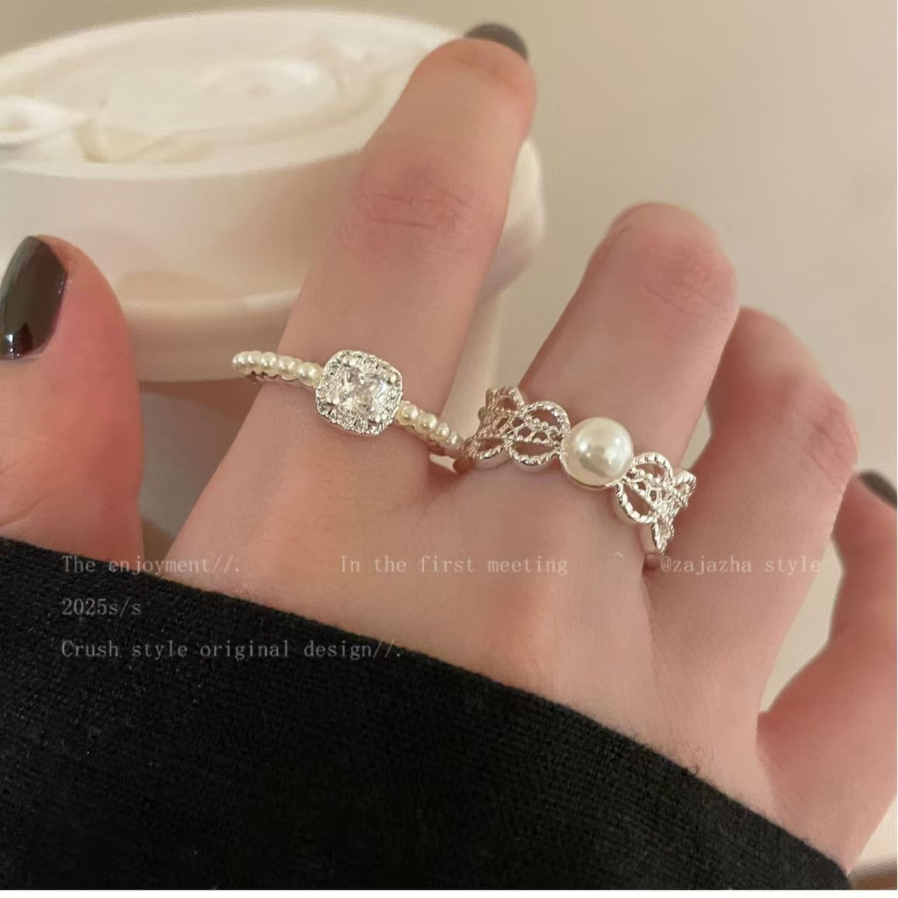 Pearl Zircon Female Design Open Adjustable Rings