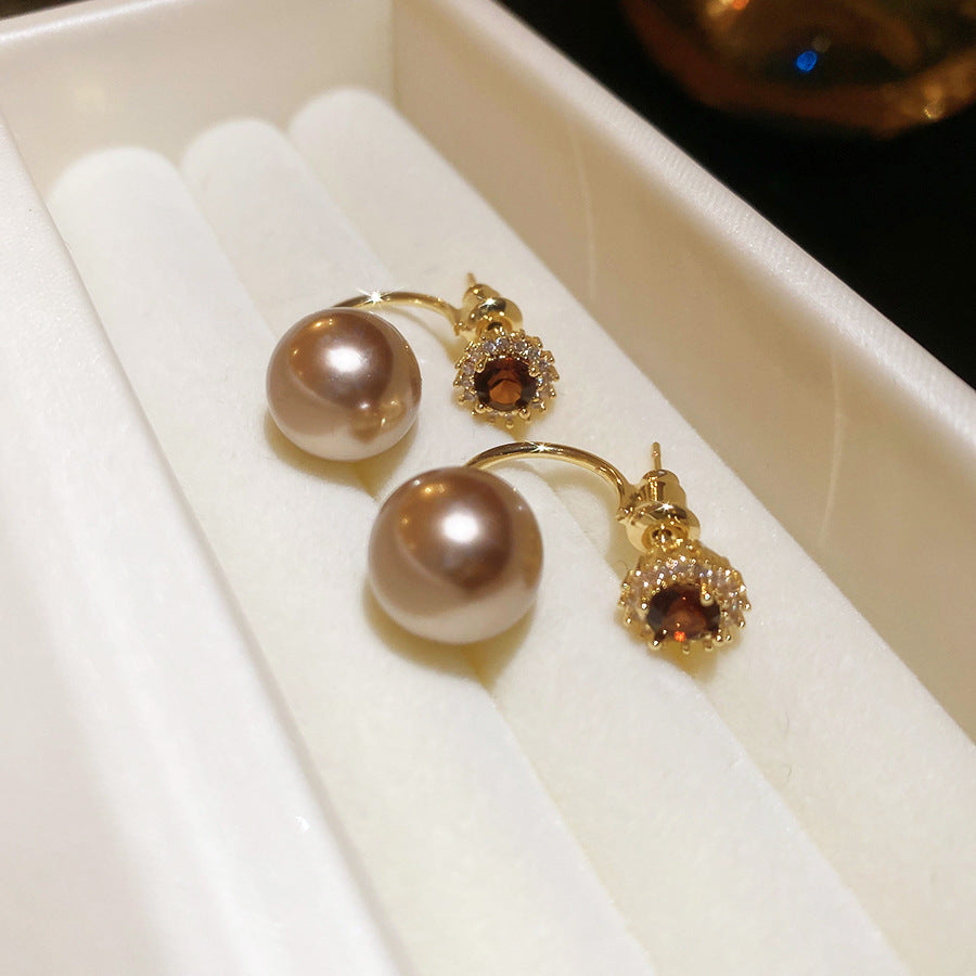 French Flash Zircon Flower Pearl Light Luxury Earrings