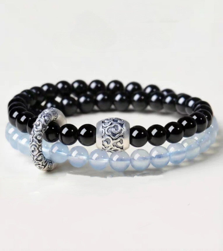 Women's & Men's Obsidian Aquamarine Double Crystal Lucky Beads Bracelets
