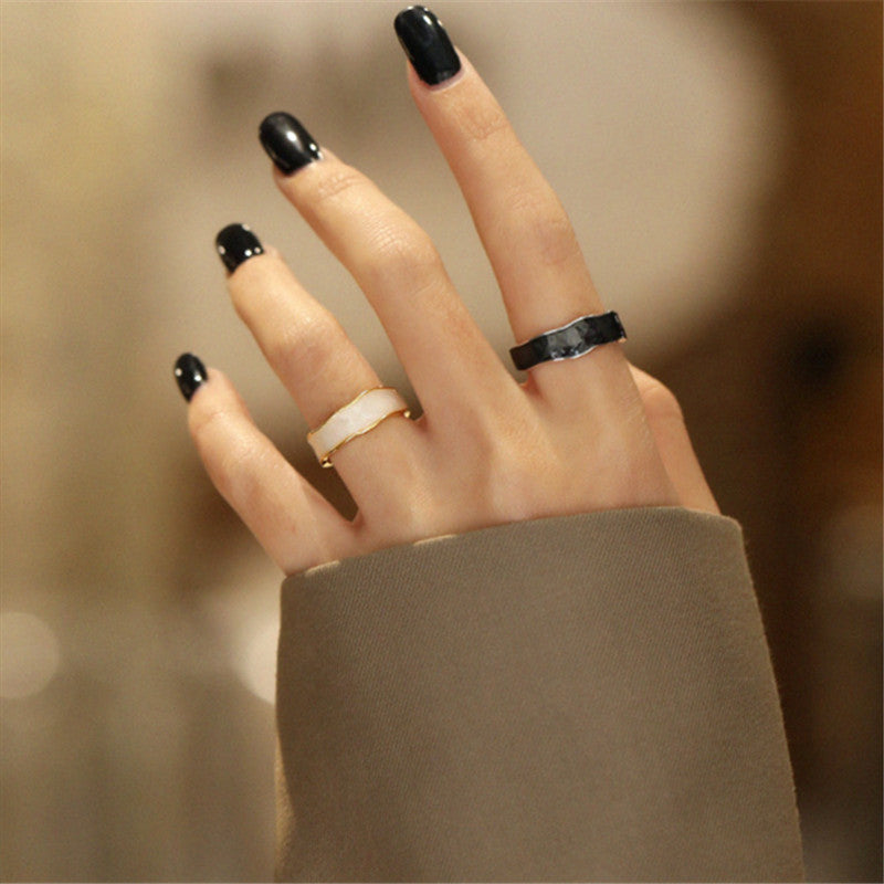 Black White Epoxy Open Female Tide Wave Concave Metal Rings