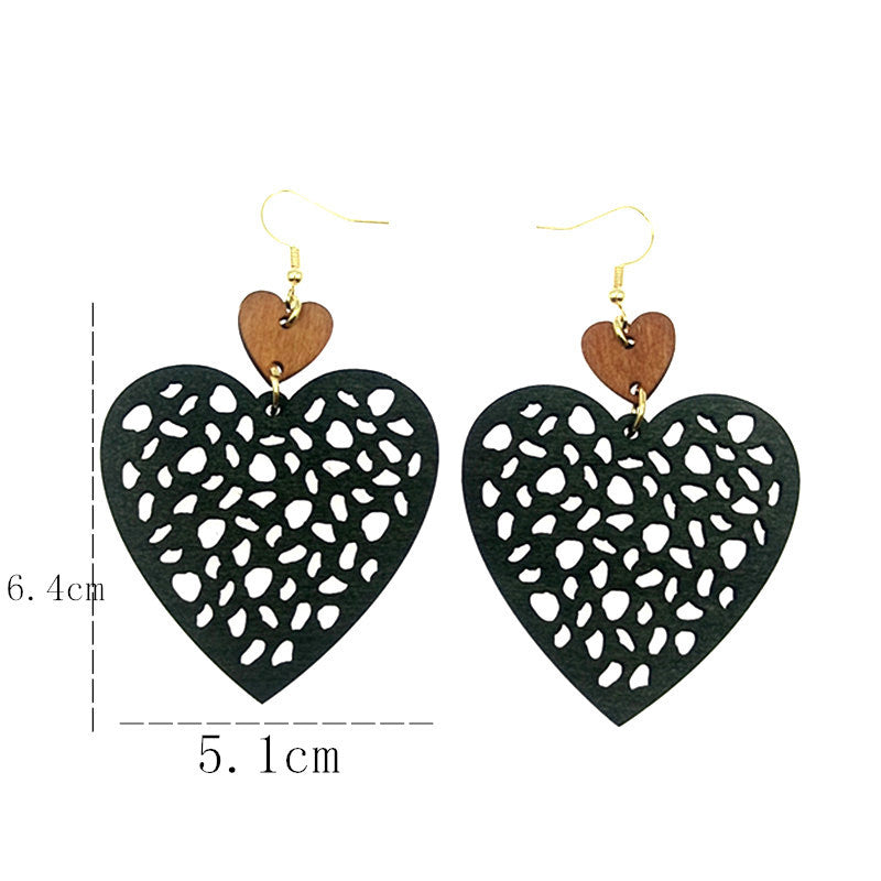 Bohemian Vintage Mesh Cut Wood Piece Geometric Heart Earrings