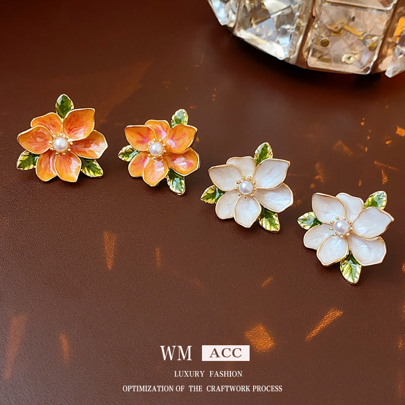 Sier Needle Drop Oil Flower Pearl French Artistic Retro Rings