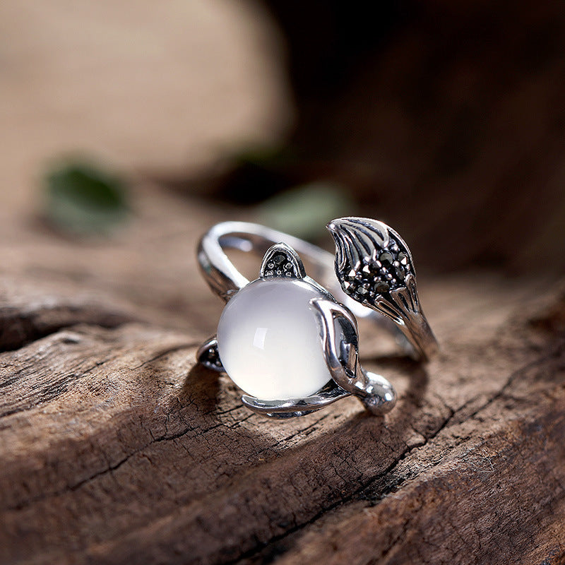 Women's Thai Sier Chalcedony Pomegranate Red Retro Fox Rings