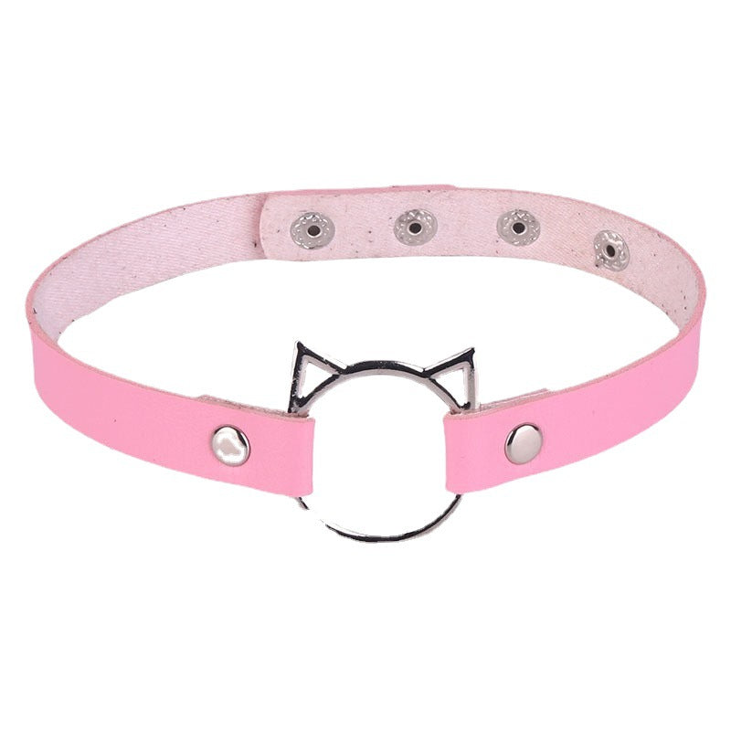 Women's Punk Leather Cat Face Necklet Neckband Short Cute Necklaces