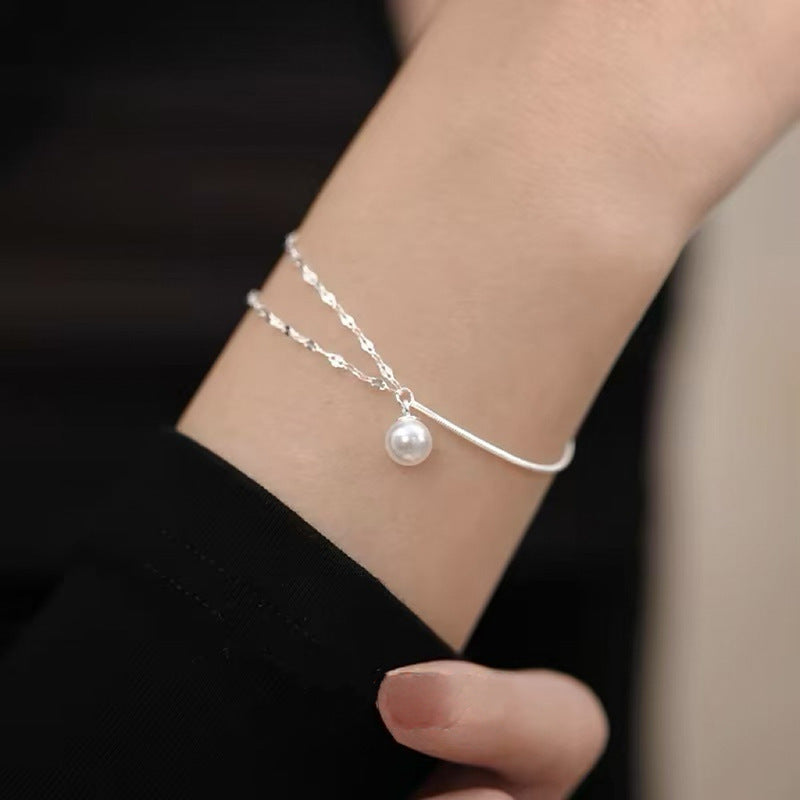 Women's Exquisite Sterling Sier Snake Bones Chain Ball Stitching Asymmetric Light Bracelet