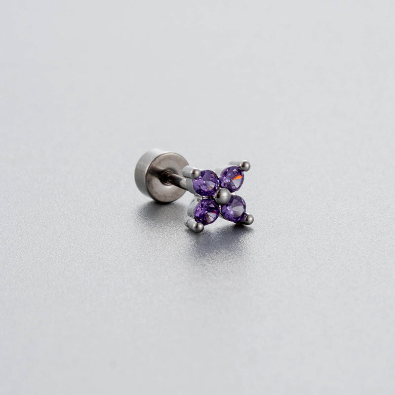 Steel Ear Bone Purple Heart-shaped Zircon Butterfly Screw High-grade Niche Rings