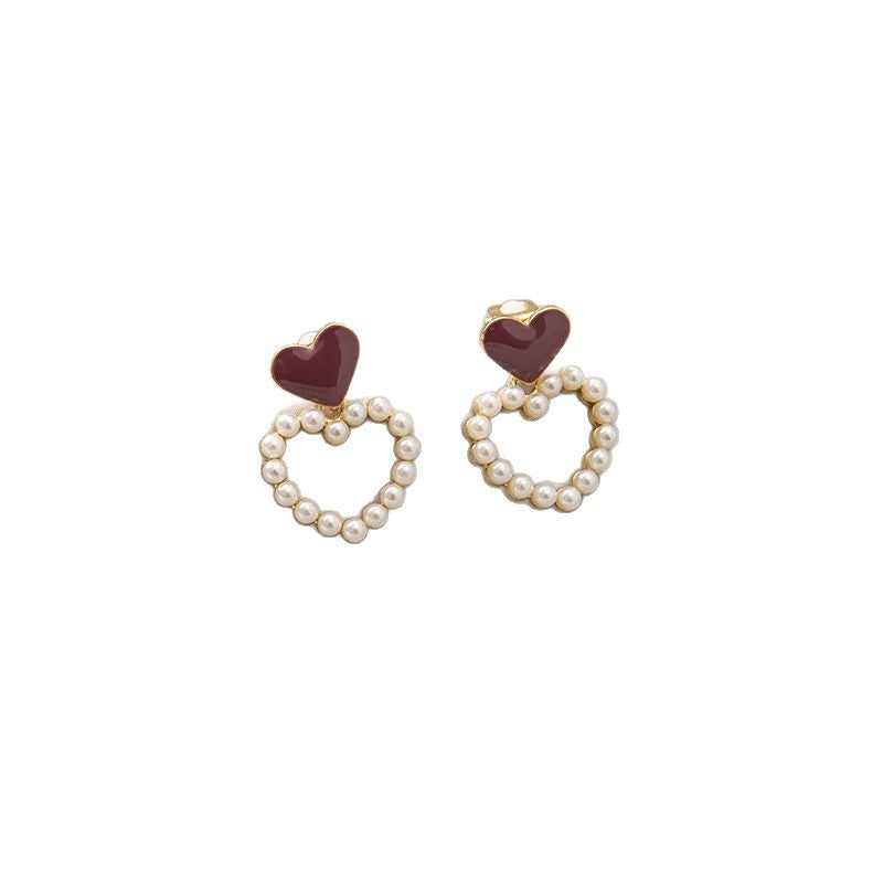 Women's Retro Style Red Heart Pearl Light Luxury High-grade Stud Earrings