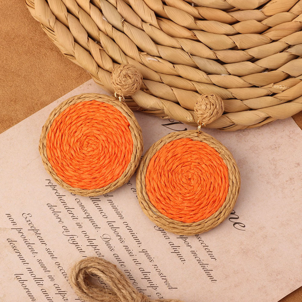 Retro Beach Vacation Bohemian Grass Rattan Woven Female Temperament Long Earrings