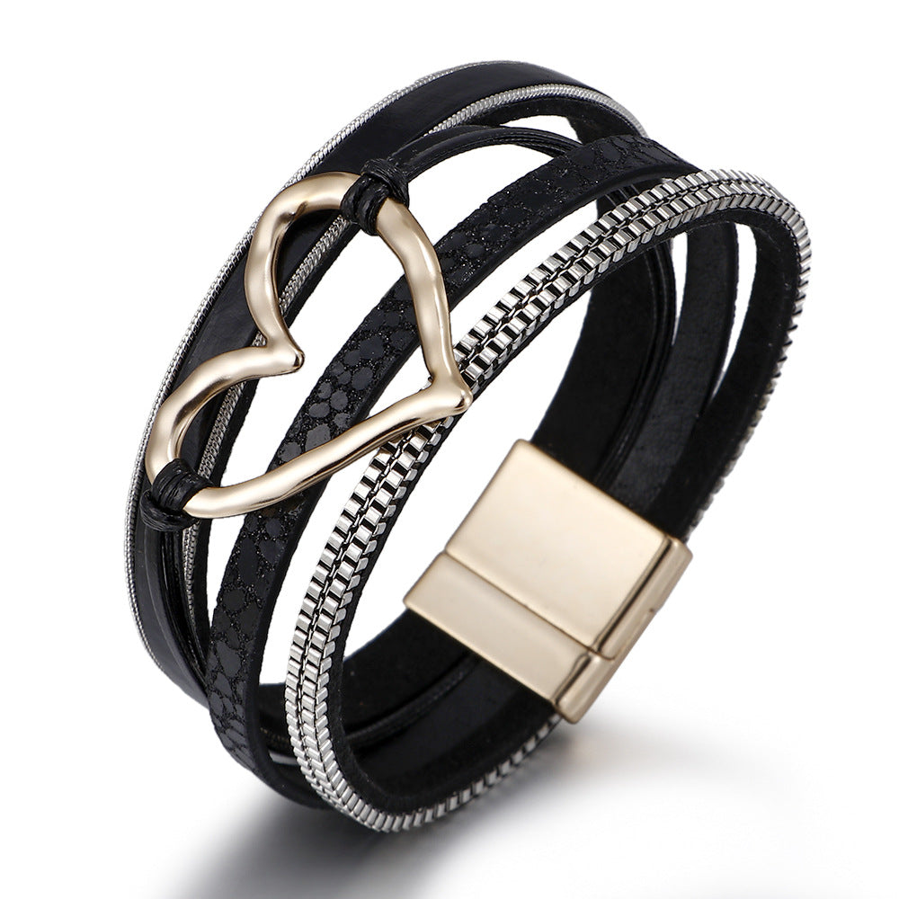 Women's Bohemian Style Leather Heart Fashion Magnetic Bracelet