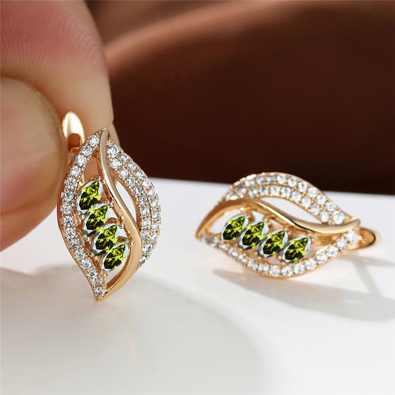 Green Empty Female Champagne Gold Four Diamond Leaf Micro High Stud Earrings