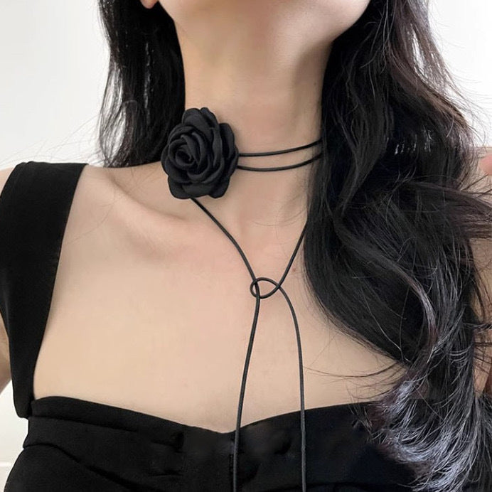 Desire Black Rose Flower Handmade Fabric Necklaces