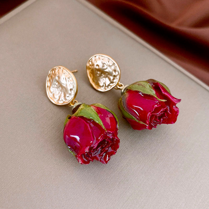 Women's Steel Dried Rose Real Flower Ear Suit Princess Style Clavicle Jewelry Set