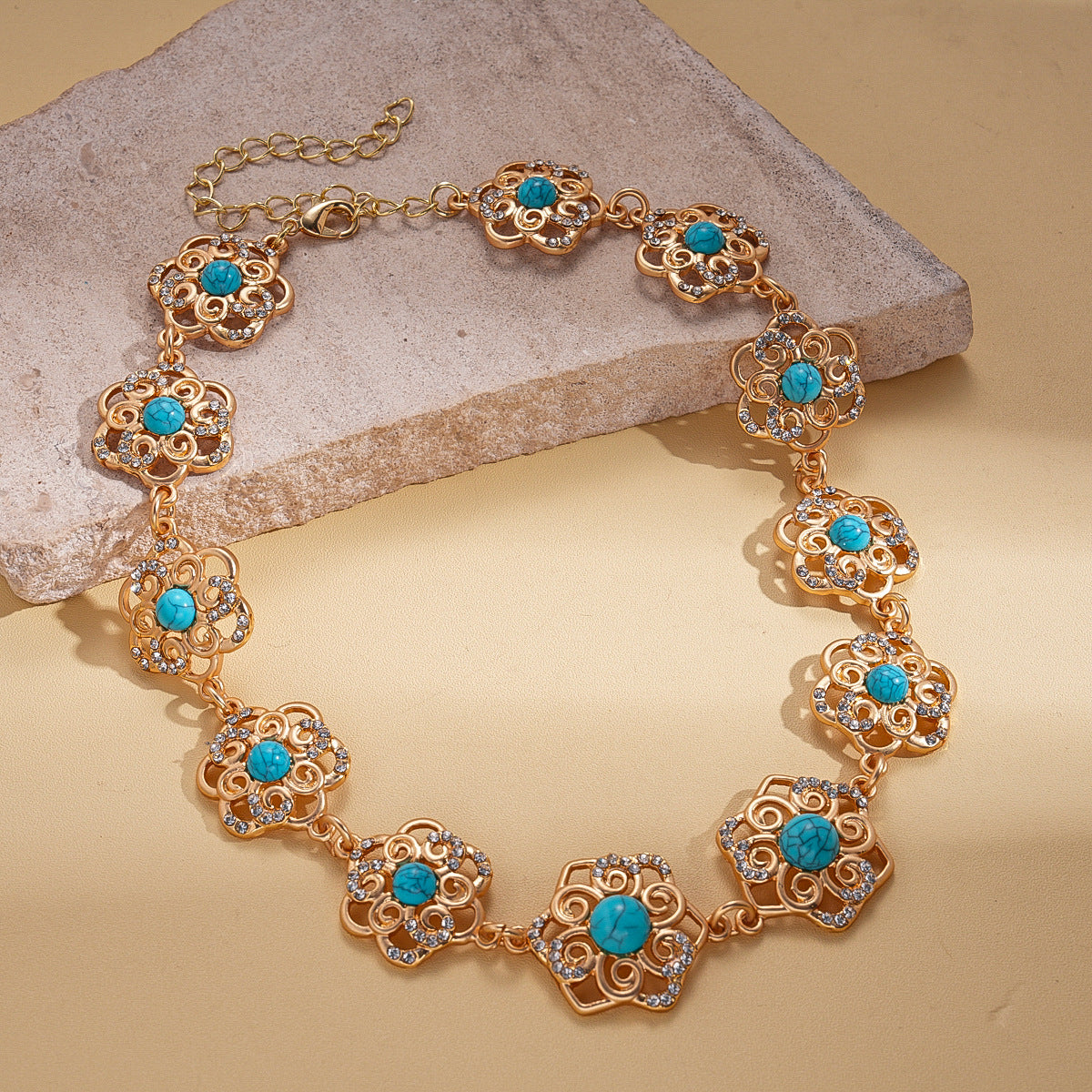 Style Turquoise Blue Diamond Flower Ear Light Luxury Minority Clavicle Necklaces