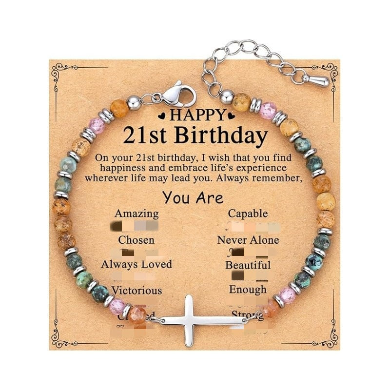 Women's Natural Stone Beaded Cross Lobster Buckle Adjustable Band Bracelet