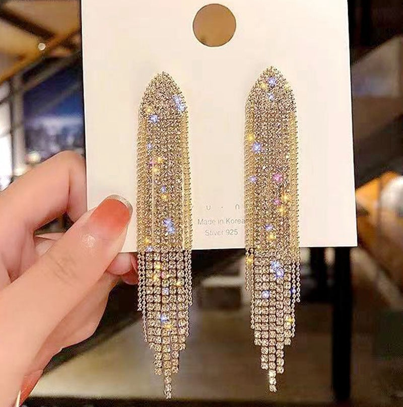 Women's Fashion Exaggerated Rhinestone Long Fringe High-grade Earrings