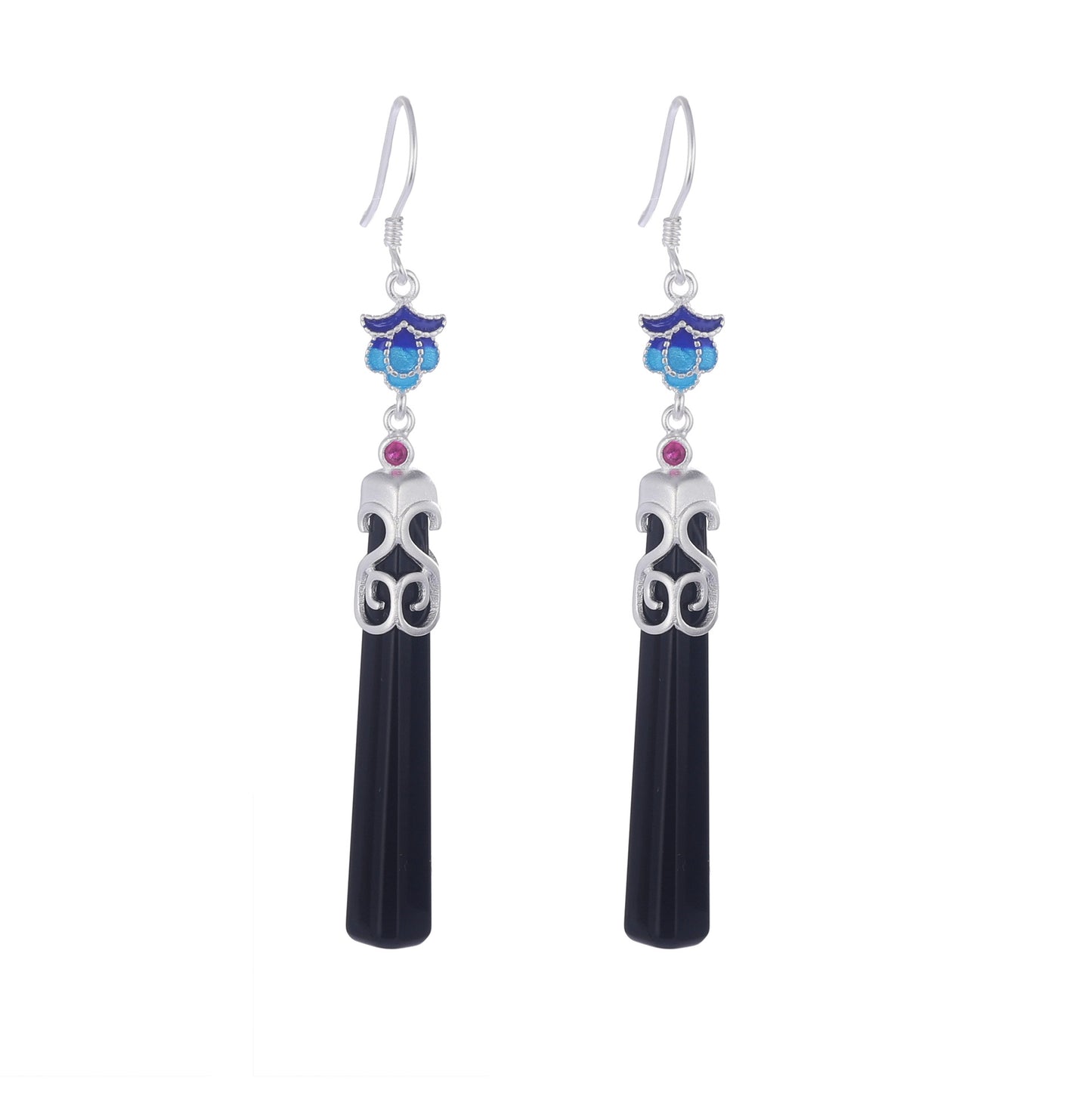 Women's Er Sier Black Agate Simple Long Earrings