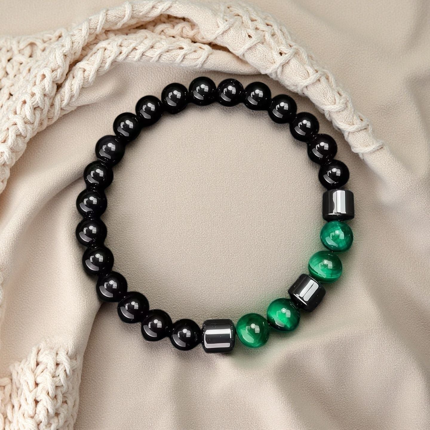 Men's Tigereye Beaded Magnetic Obsidian White-barked Pine Bracelet