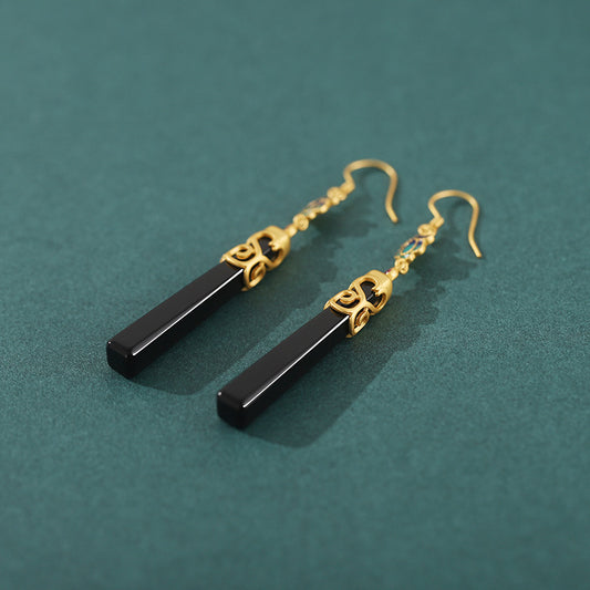 Women's Er Sier Black Agate Simple Long Earrings