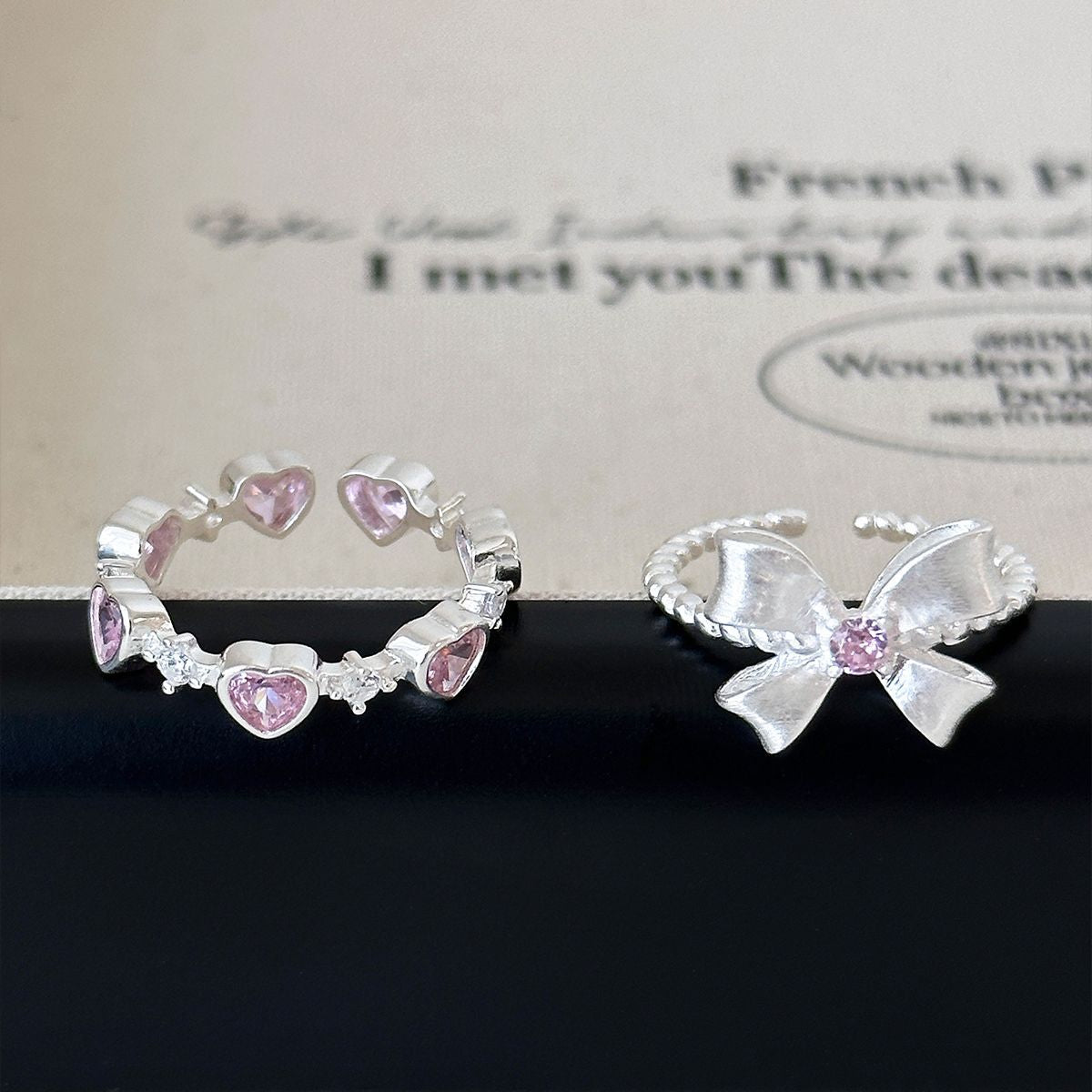 Pink Loving Heart Zircon Female Twin Elegant Sier Rings