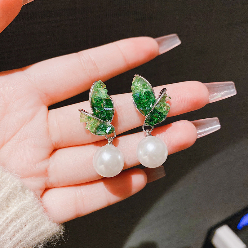 Women's Needle French Style Temperament Crystal Leaf Pearl Simple Ball Earrings