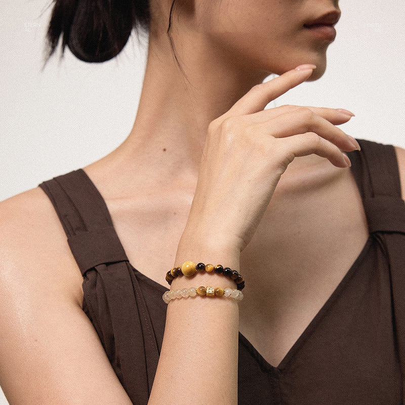 Natural Yellow Tiger's Eye Double National Style Twin Gold Rutilated Bracelet