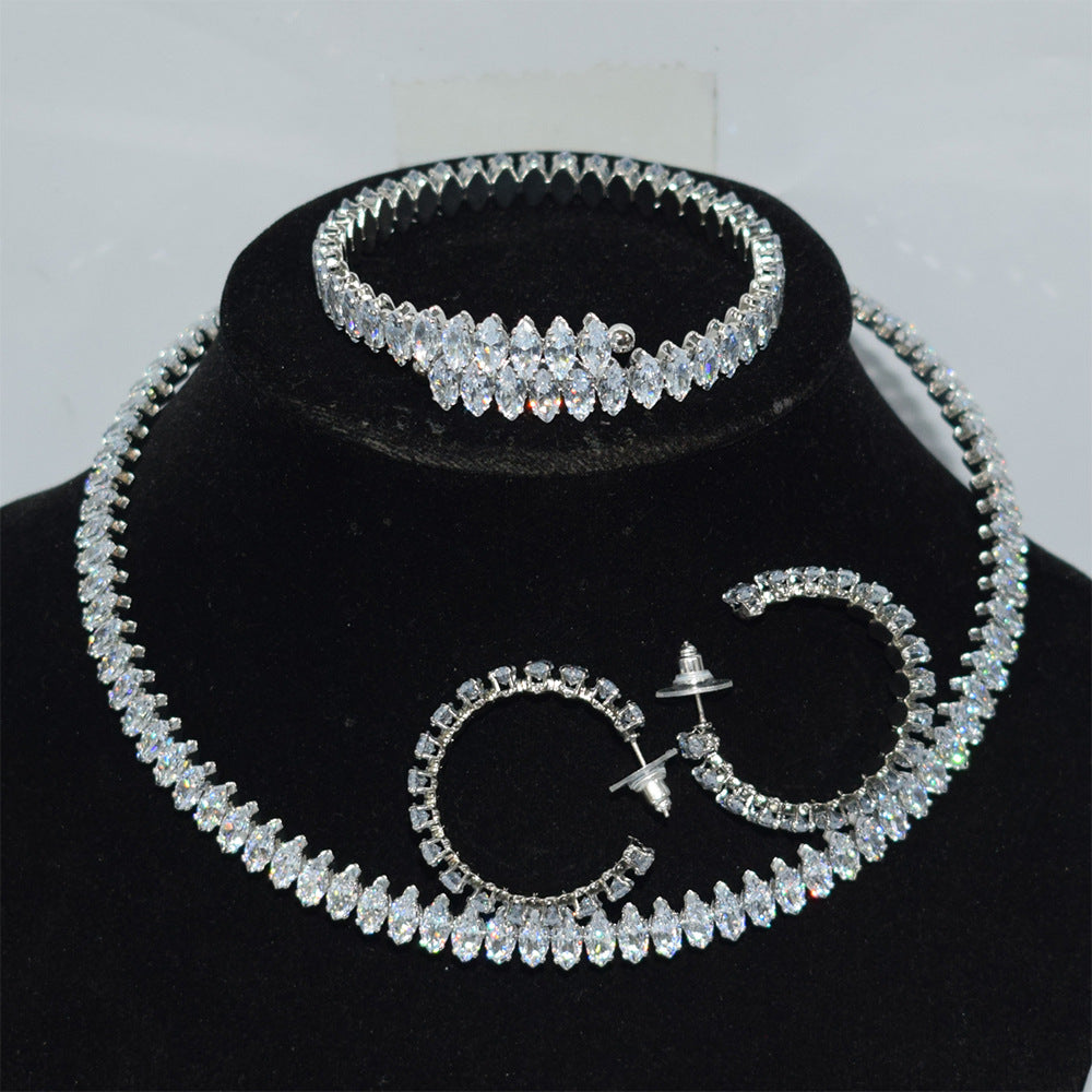 Women's Full Zircon Collar Hand Ear Three-piece Oval Jewelry Set