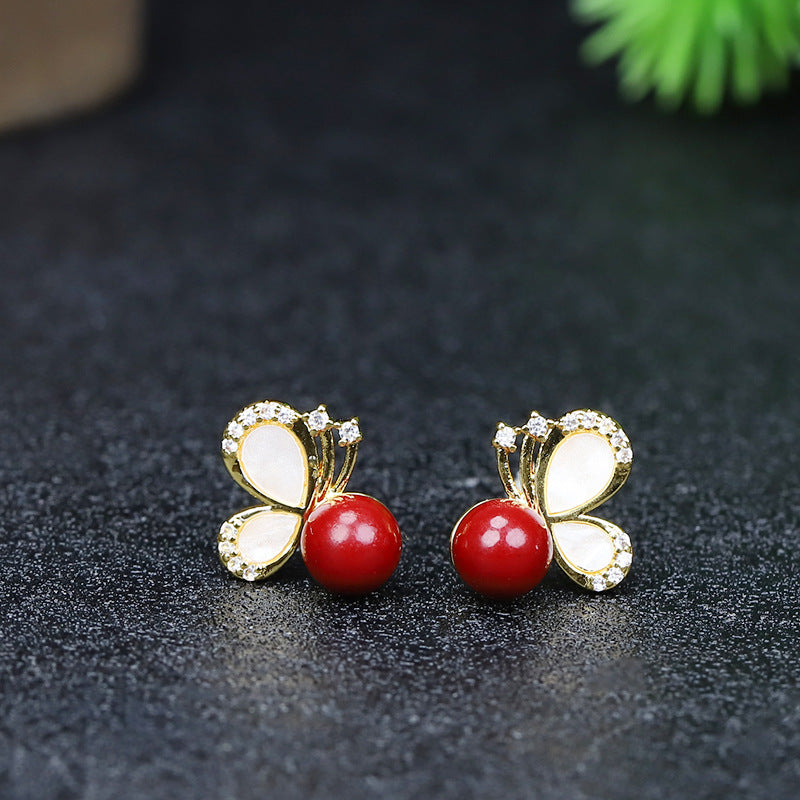 Purple Gold Sandstone Inlaid Ear Cherry Cinnabar Swan Female Earrings