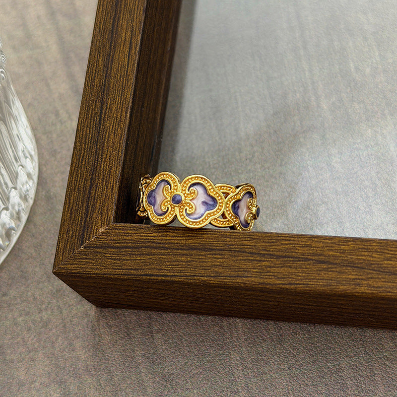 Luxury Retro Flower Auspicious Cloud Purple Enamel Open Niche Twin Rings