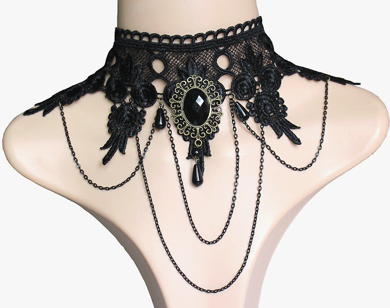 Lace Big Stone Wide Black Punk Necklaces