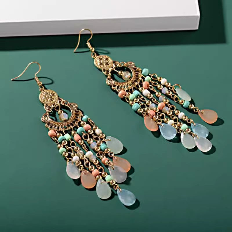 Women's Exotic Tassel Beaded For Bohemian Retro Exaggerated Long Earrings