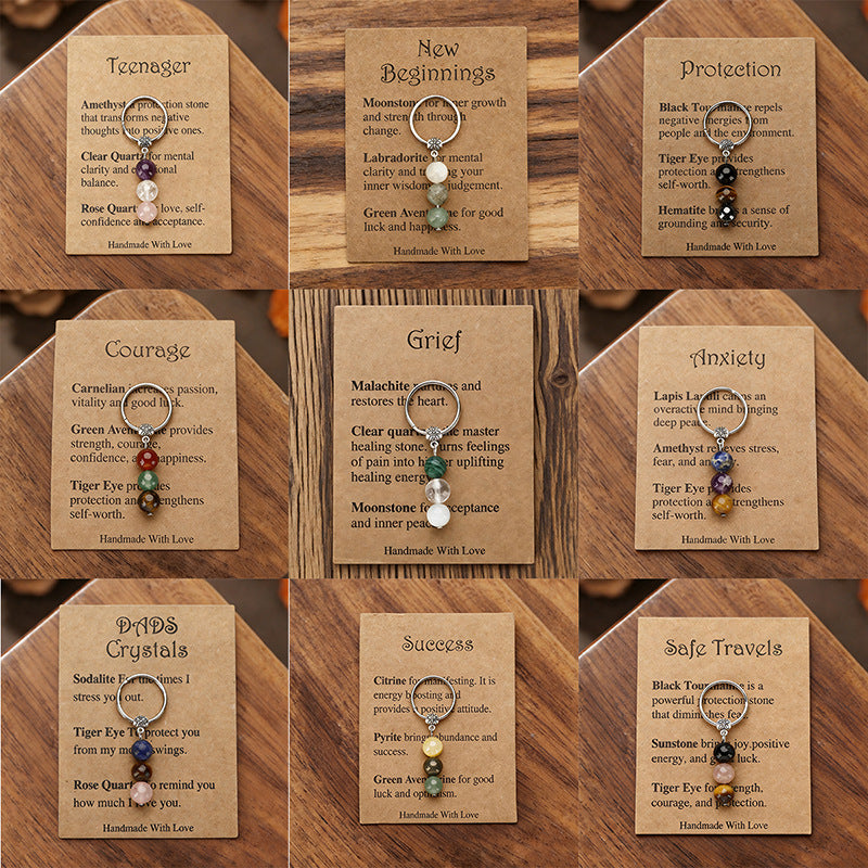 Stone Beaded Key Chain Handmade Tigereye Three Beads Combination Rings