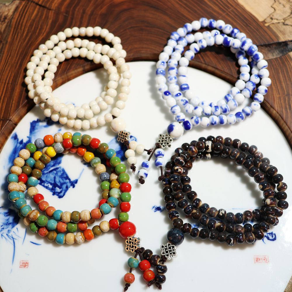 Women's Chinese Style Three-circle Twin Beads Ceramic Bracelet