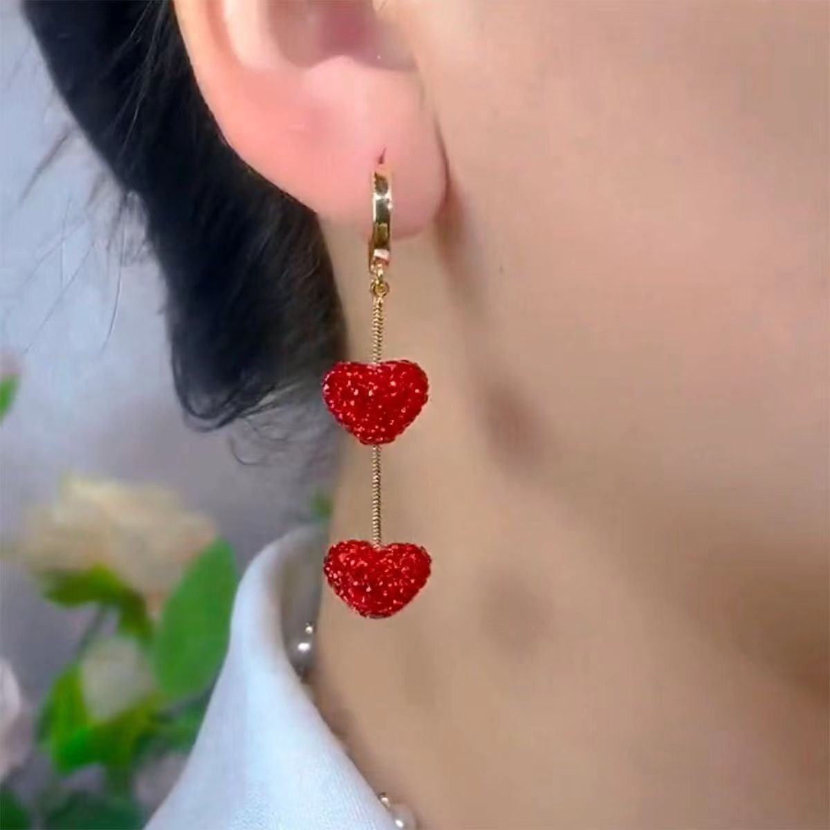 Graceful Fashionable Red Heart-shaped Long Advanced Simple Exquisite Full Earrings