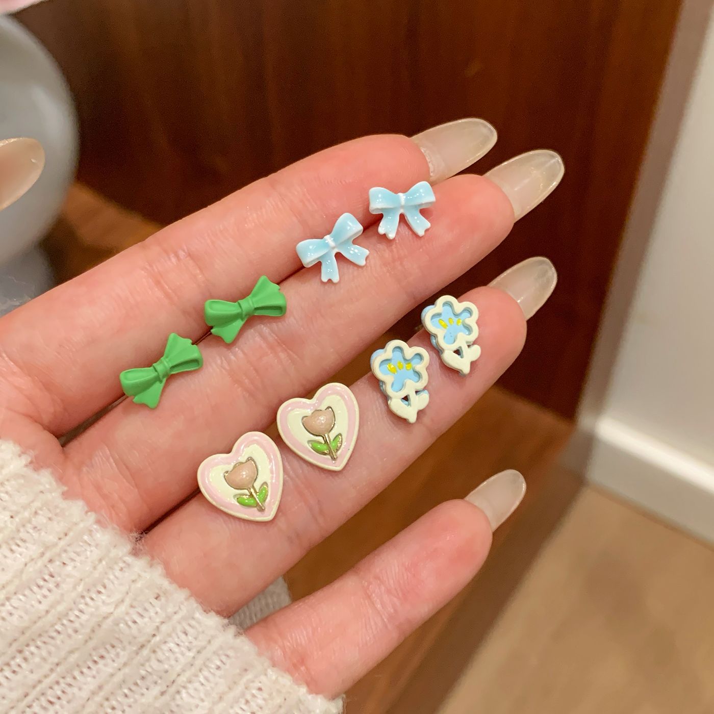 Dopamine Cartoon Heart-shaped Bow Flower Earings Female Sweet Cute Stud Earrings
