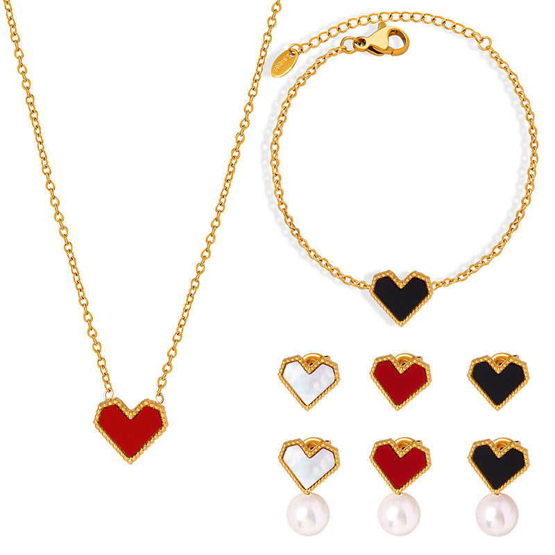 Women's Peach Heart Micro Glass Bead Titanium Steel Gold Earrings