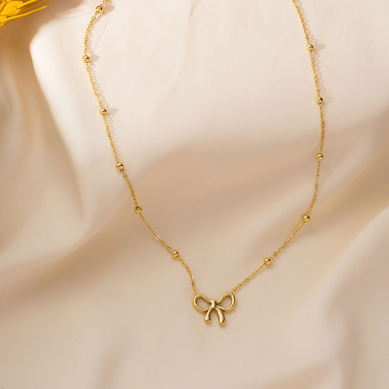 Titanium Steel Design Cute Hollow Bow Female Necklace