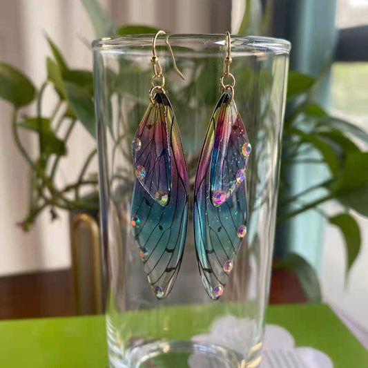 Women's Sier Cicada Wings Ear Hook Butterfly Temperamental Fairy Long Eardrop Earrings