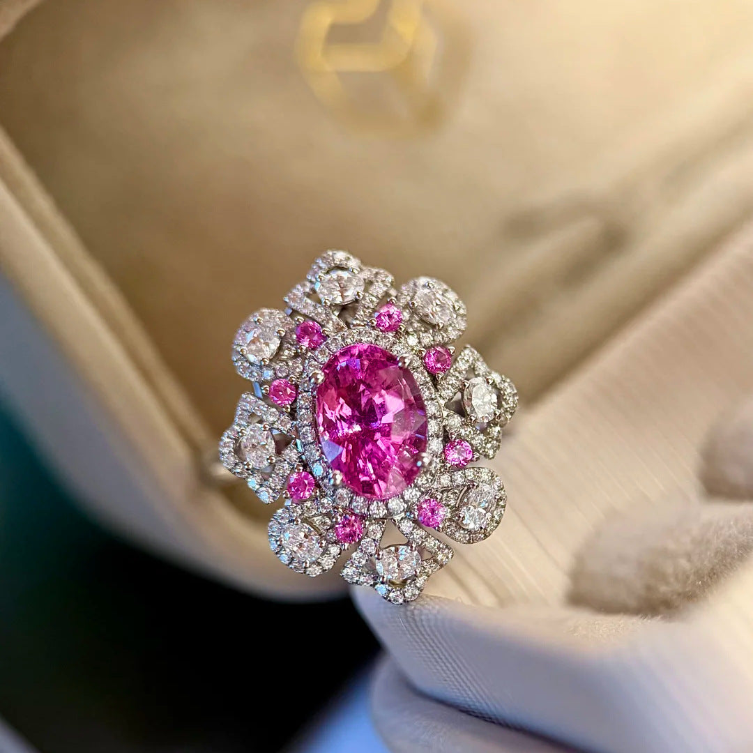 Women's Live Broadcast Secret Garden Romantic Pink Corundum Full Diamond Blue Jewelry Set