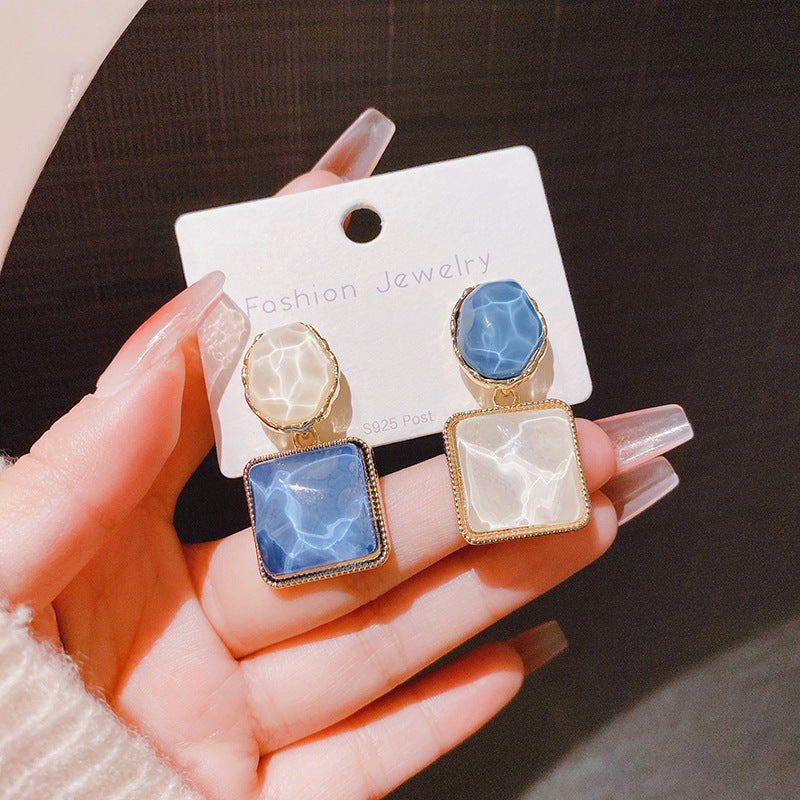 Asymmetric Square Ice Cube Texture Eardrops Contrast Color Transparent Three-dimensional Rings