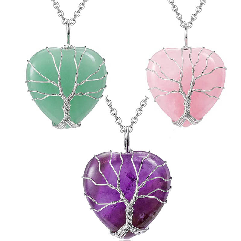 Natural Crystal Stone Heart-shaped Winding Tree Of Life Pendants