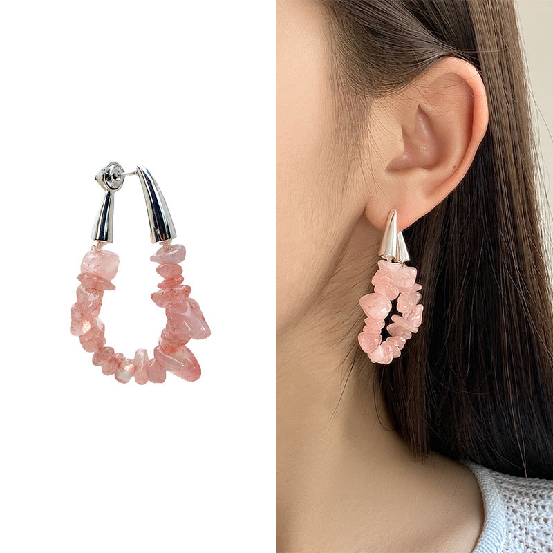 Crystal Gravel Ear Clip Pink Aquamarine Two-color For Summer Graceful Stud Earrings