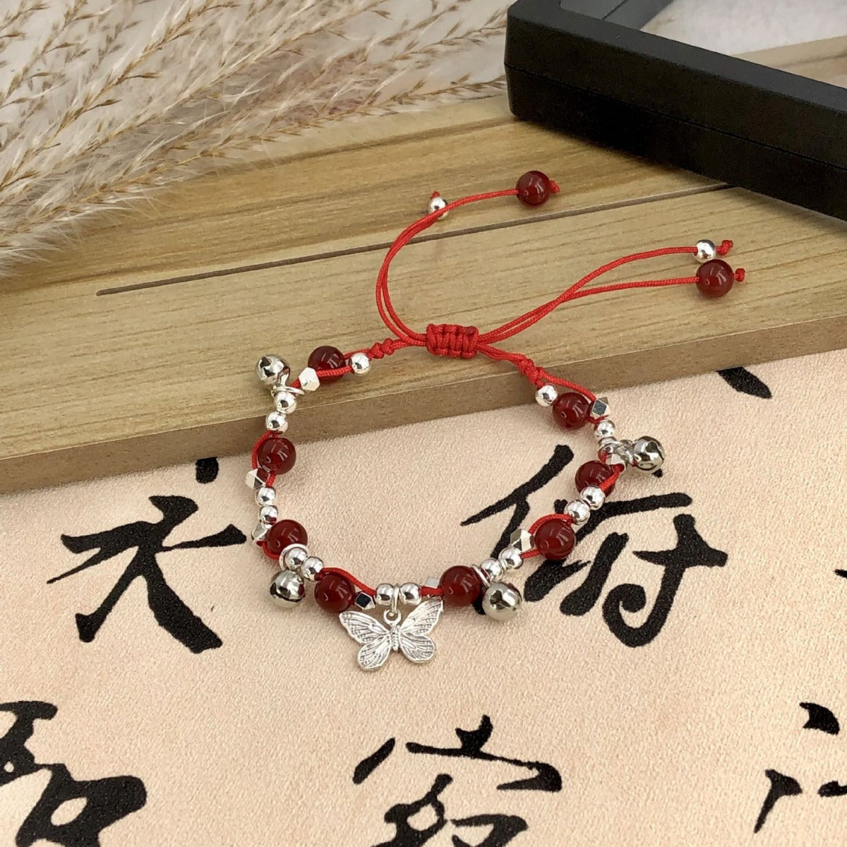 Red Agate Sier Butterfly Bell Female Rope Braid Good Luck Bracelet