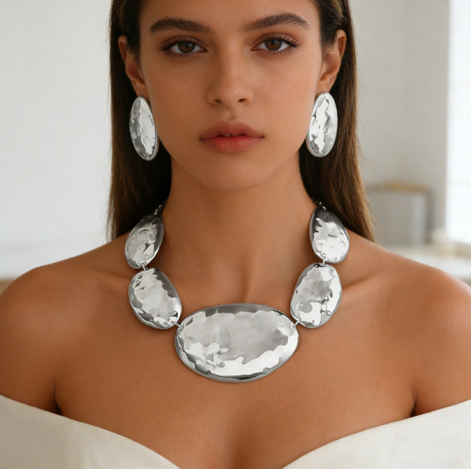Irregular Oval Metal Glossy Geometric Pattern Cover Jewelry Set