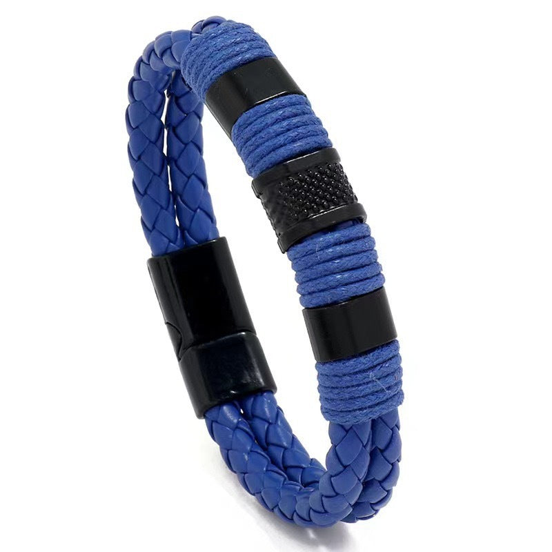 Men's Weaving Leather Stainless Steel Magnetic Buckle Bracelet