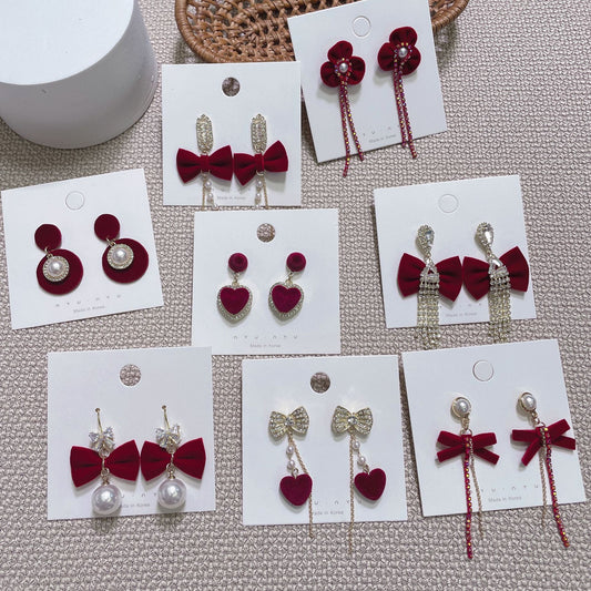 Sier Bridal Red Veet Bow Heart Pearl Toast Clothing Earrings