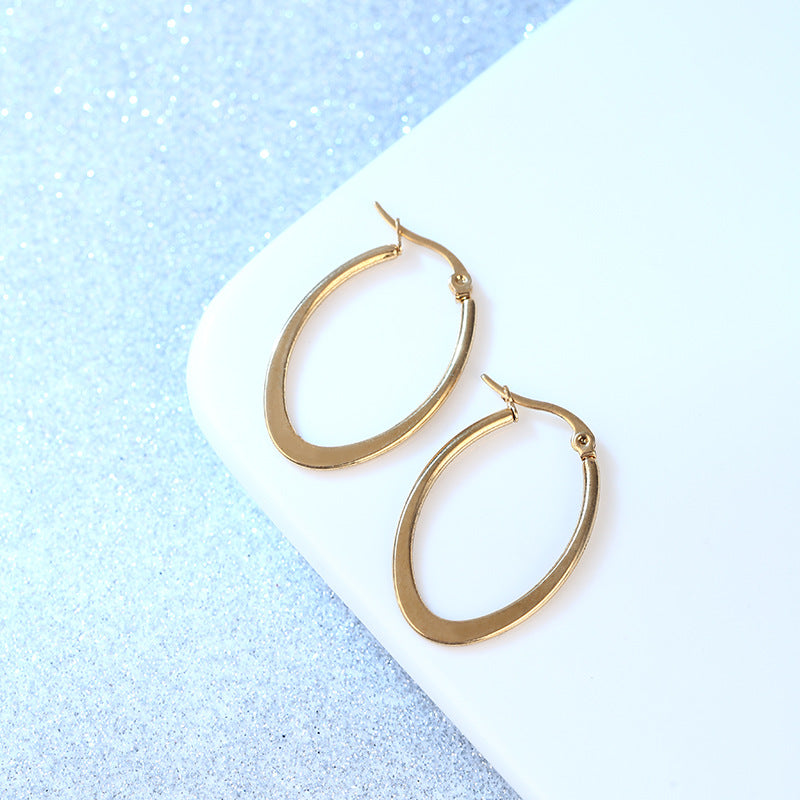 Gold Ear Clip Titanium Steel Flat Oval Long Earrings