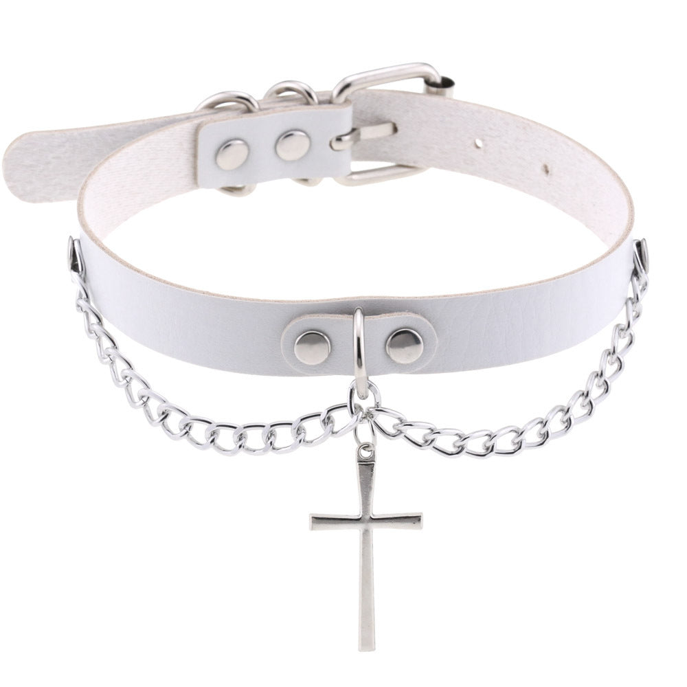 Leather Chain Cross Clavicle Classic Neckband Collar
