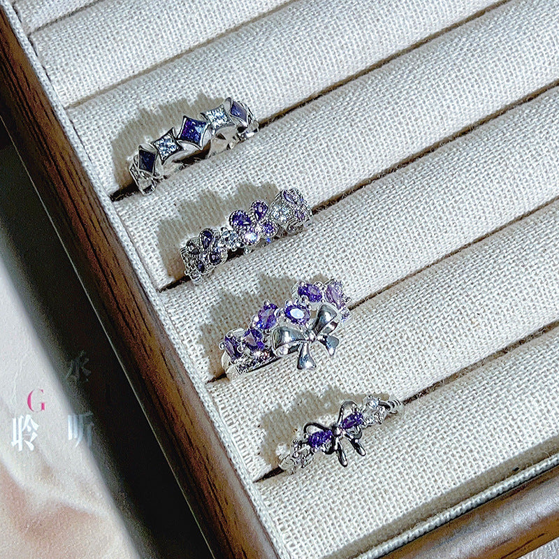 Purple Zirconium Bow Open Sweet Cool Niche High Ring