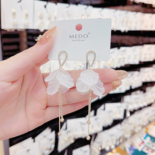 Long White Petal Fringed Sweet Super Fairy Simple Fresh Sier Earrings