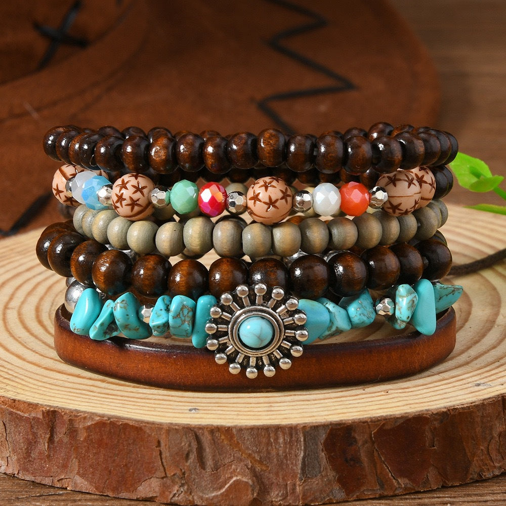 Wooden Bead Leather Rope Twin Ethnic Bracelet